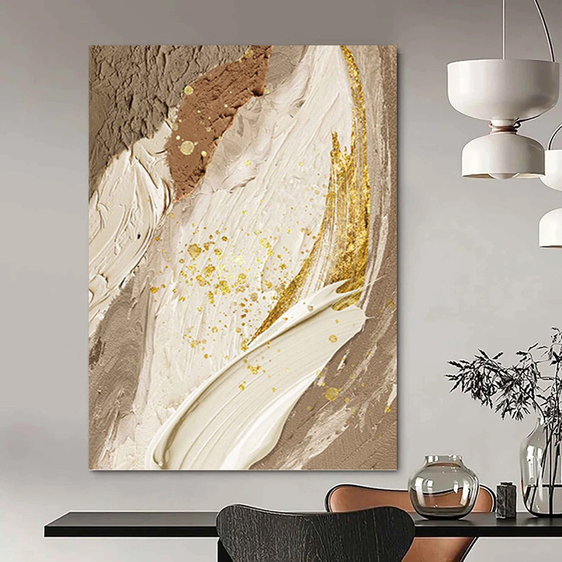 “Elegant Neutrals with Gold Accents” - Beige, Brown, Gold Abstract Painting On Canvas PT1477