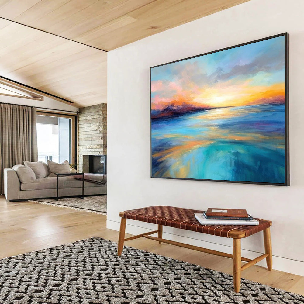 “Vibrant Sunset Sea in Pink and Blue” - Expressive Marine Painting On Canvas PT069