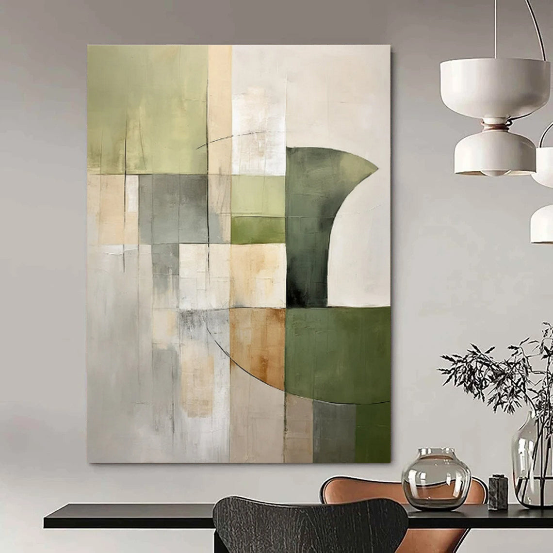 Green, Gray, Beige with Geometric Forms "Earthly Grid" Abstract Painting On Canvas PS1440