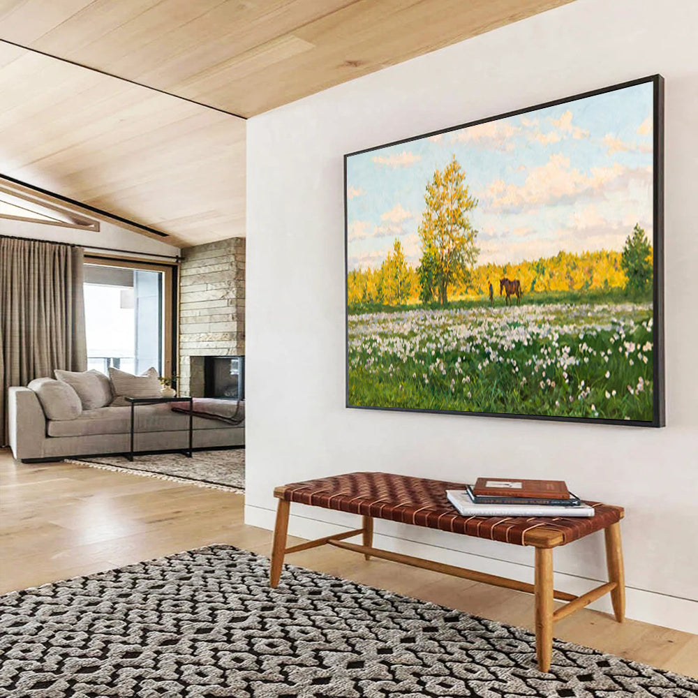 “Sunny Meadow with Horse” - Realistic Landscape Painting On Canvas PT216