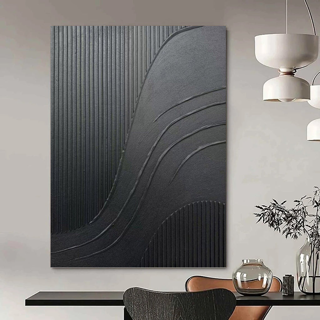 “Black Textured Curves & Lines” - Black, Minimalist Abstract Painting On Canvas PT1482