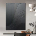 “Black Textured Curves & Lines” - Black, Minimalist Abstract Painting On Canvas PT1482