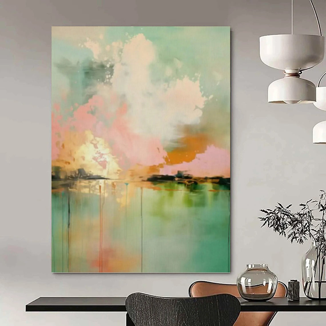 “Pink, Orange, and Green Landscape Abstract” - Colorful Landscape - inspired Painting On Canvas PT0994