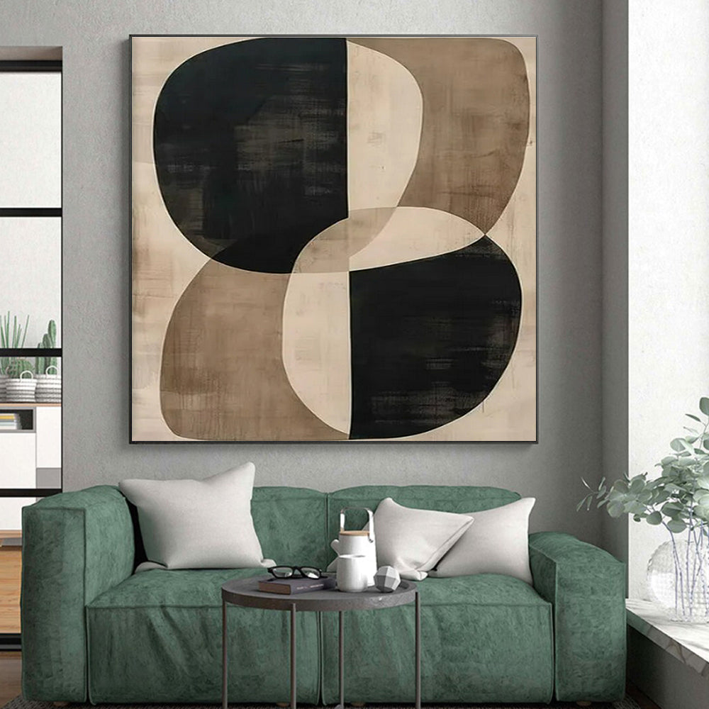 Black, Beige & Brown Geometric Abstract "Organic Forms" Painting On Canvas PS0865