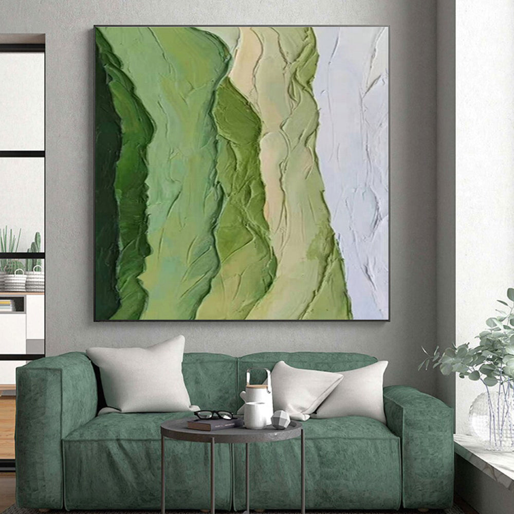 “Green Textured Ridges” - Green, White, Beige Abstract Textured Painting On Canvas PS0634