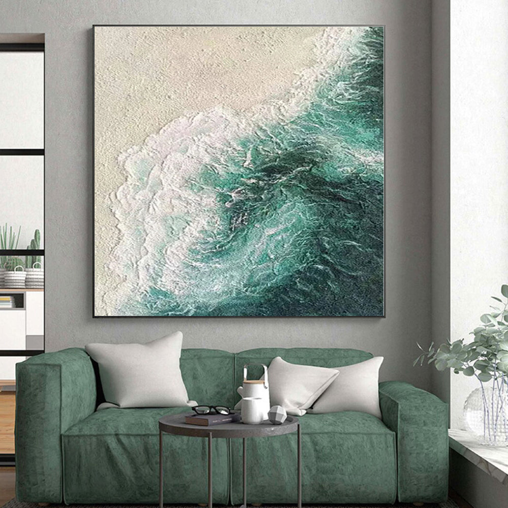 “Aerial Coastal View” - Blue, White Abstract Seaside Aerial Painting On Canvas PS0552