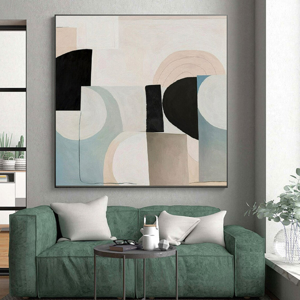 “Soft Geometric Mix” - Beige, Black, Blue, Gray Abstract Geometric Painting On Canvas PS0672