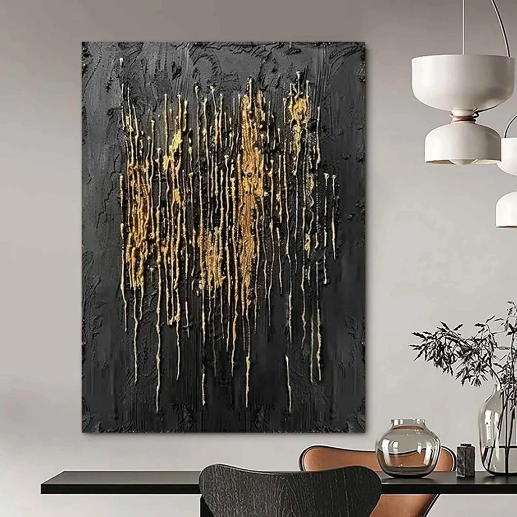 “Black and Gold Drip Elegance” - Abstract Textured Painting On Canvas PT2358