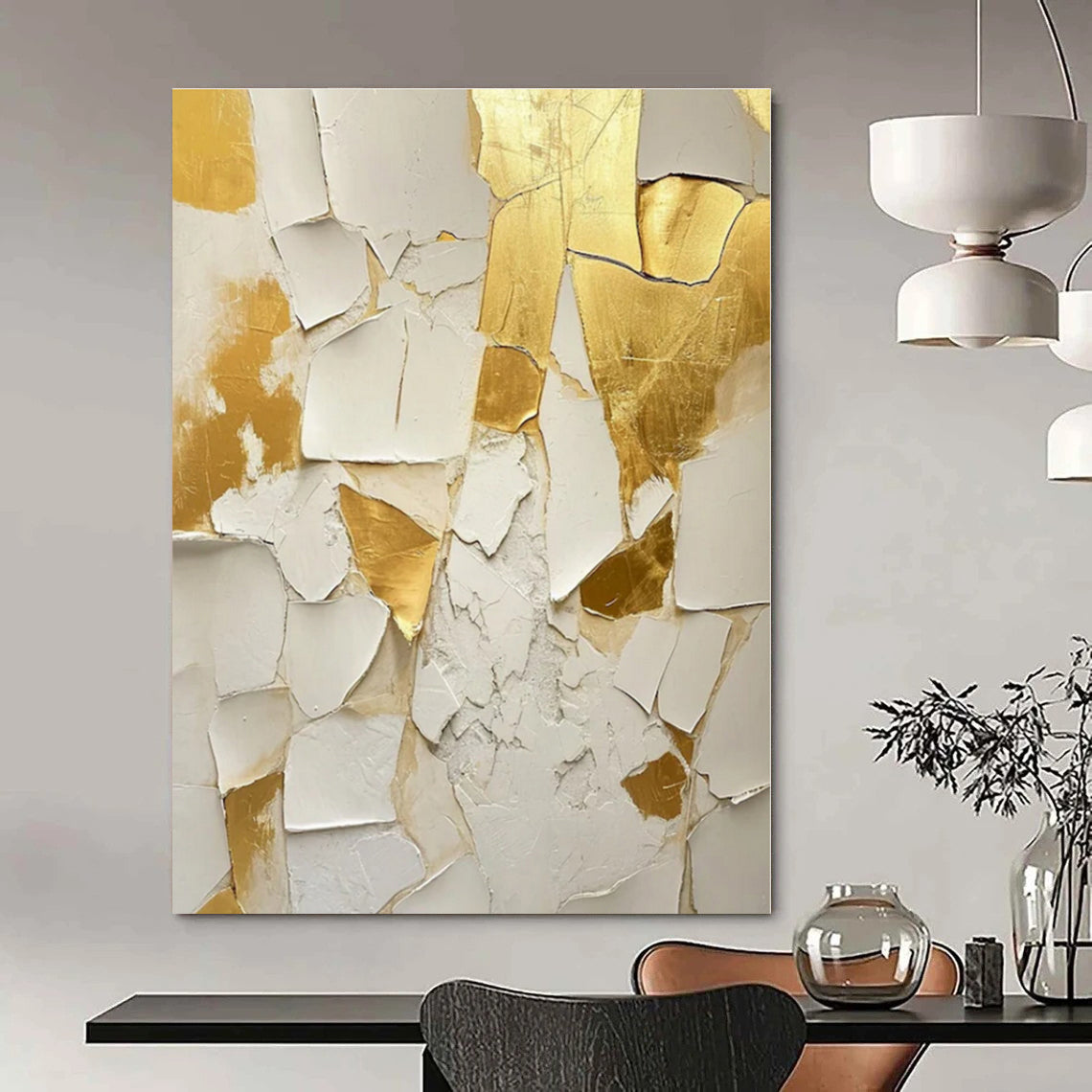 White, Gold with Crackled Textures "Gilded Fragment" Abstract Painting On Canvas PS1381