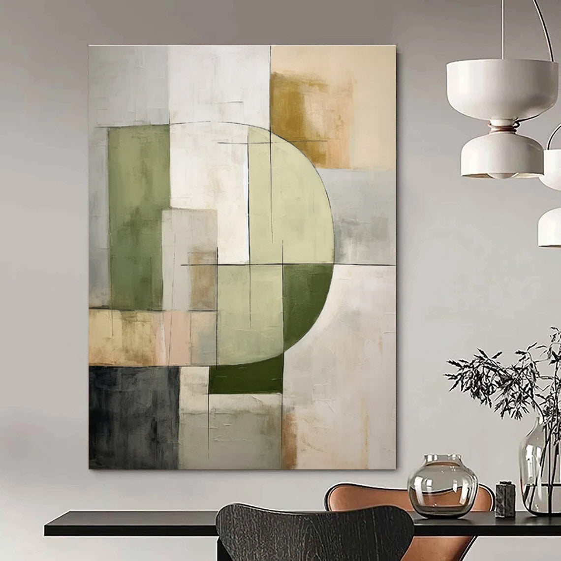 Green, Gray, Beige, Black with Geometric Mix "Balanced Abstraction" Abstract Painting On Canvas PS1451