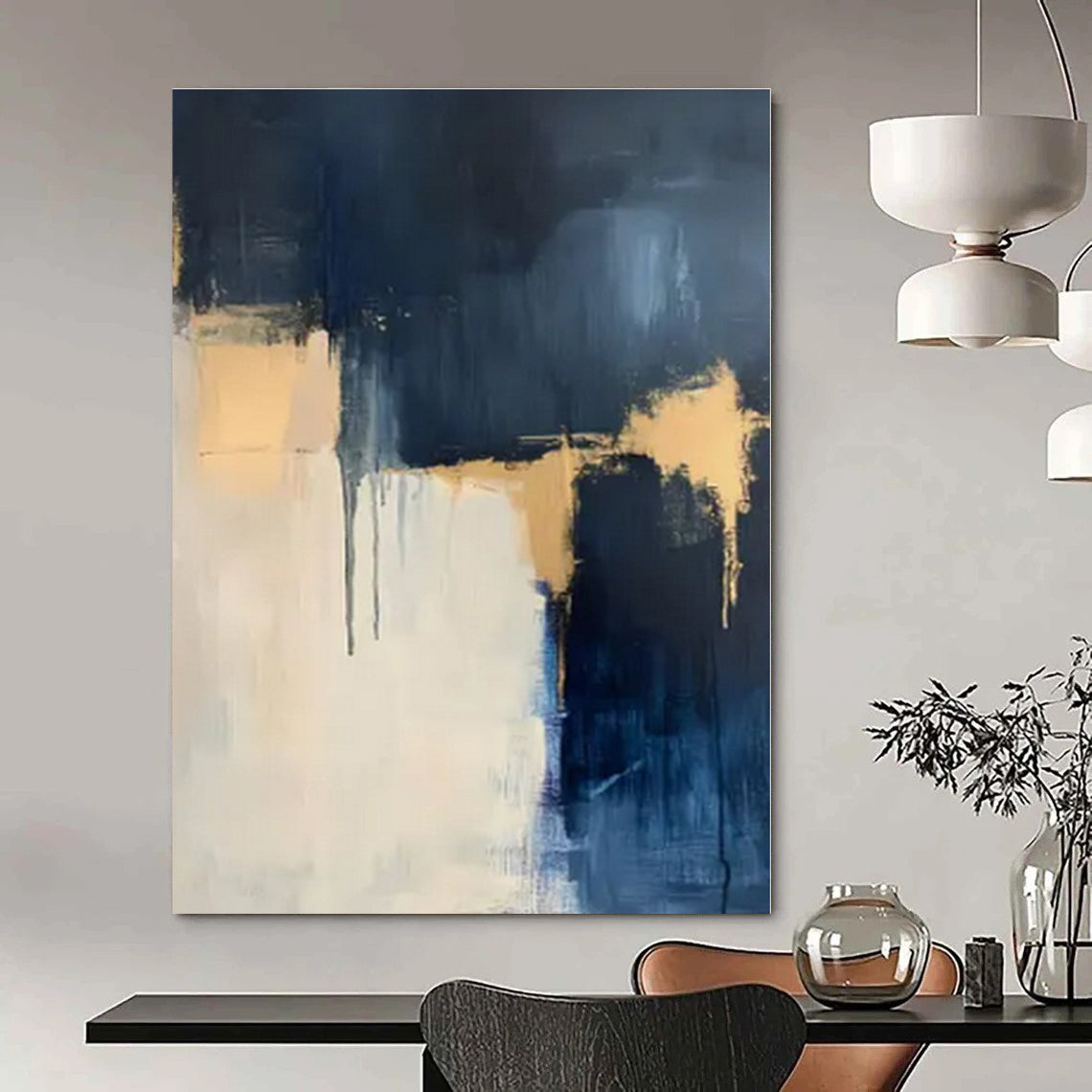 Navy, White, Gold with Layered Drips "Gilded Depths" Abstract Painting On Canvas PS1310