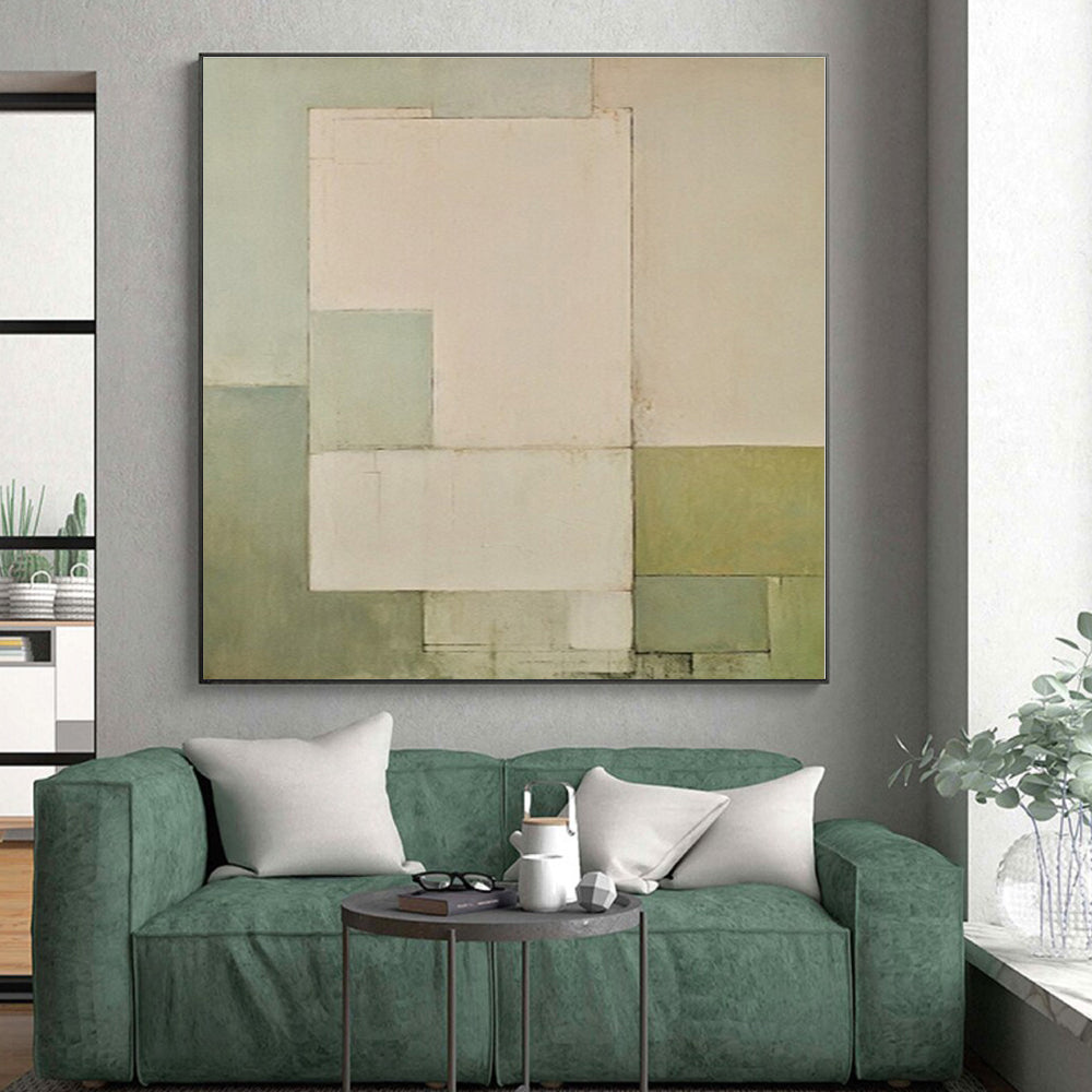 “Pale Green Geometry” - Pale Green, Beige Abstract Geometric Painting On Canvas PS0399