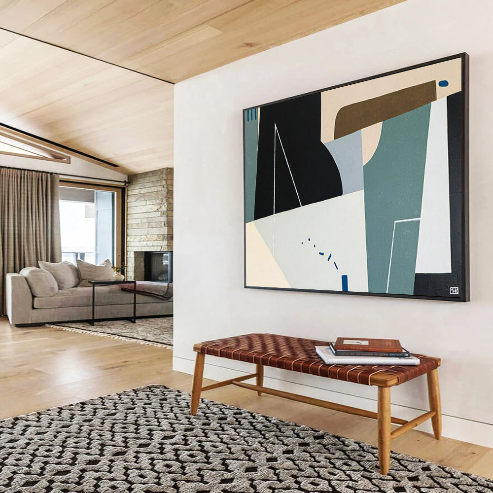 “Geometric Shapes in Black, Beige, Teal” Cubist Abstract Painting On Canvas PT1805