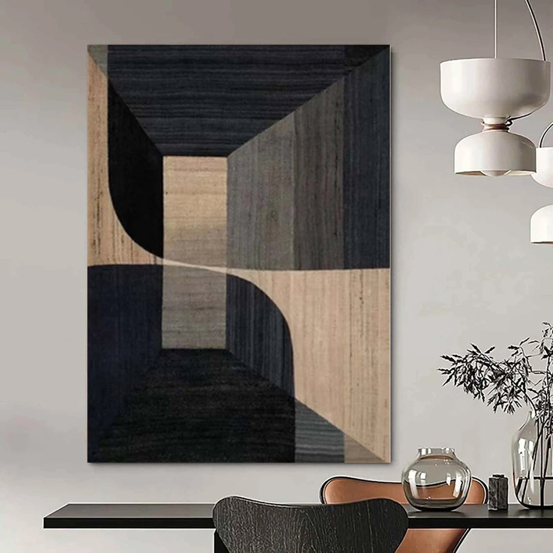 “Black - Beige Geometric Architectural” - Modern Abstract Painting On Canvas PS0136
