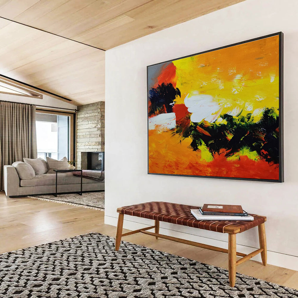 Fiery Abstract: Yellow, Orange & Green Expressionist Painting for Modern Living Room & Creative Studio DKS652