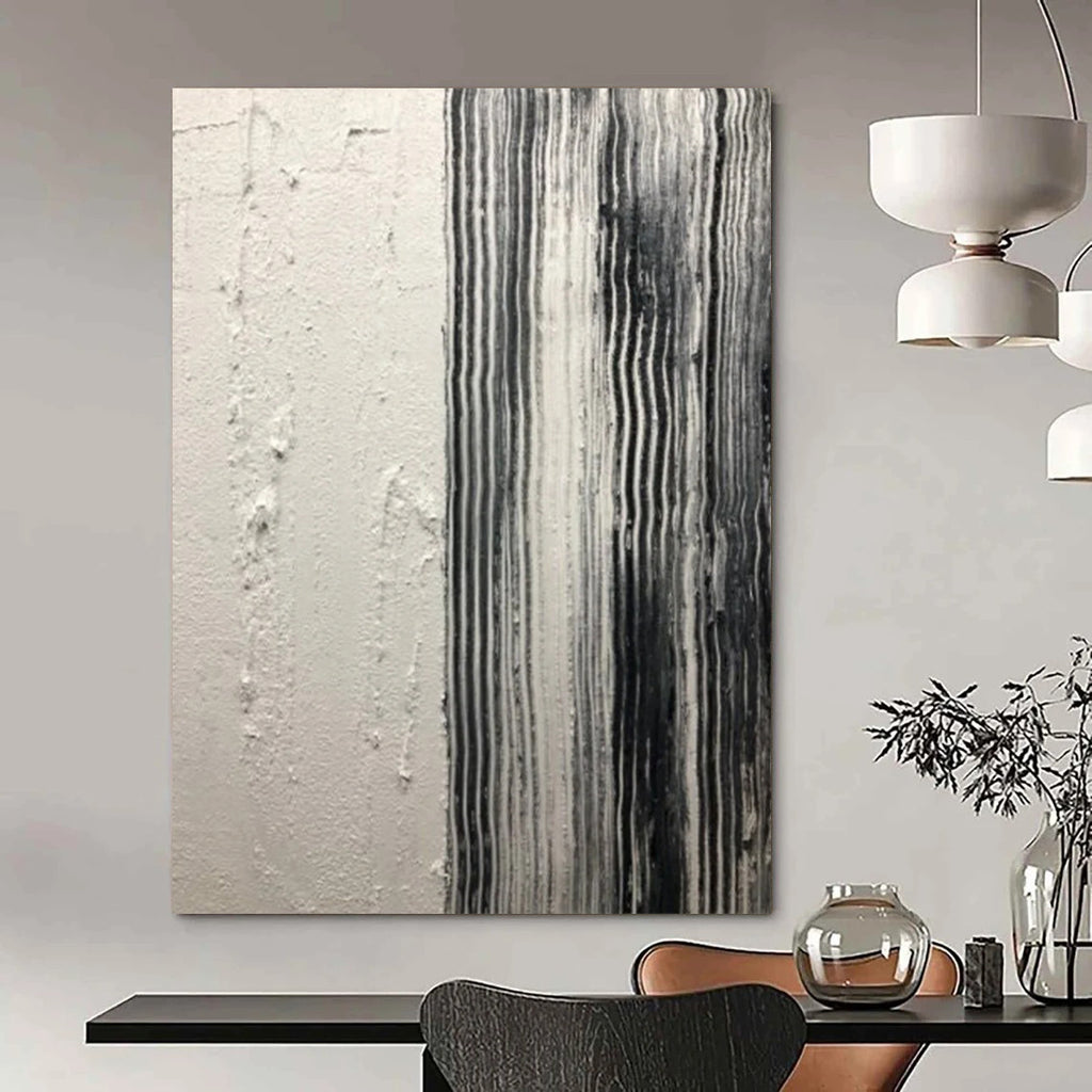 “Black and White Vertical Textured Stripes” - Minimalist Abstract Painting On Canvas DS382
