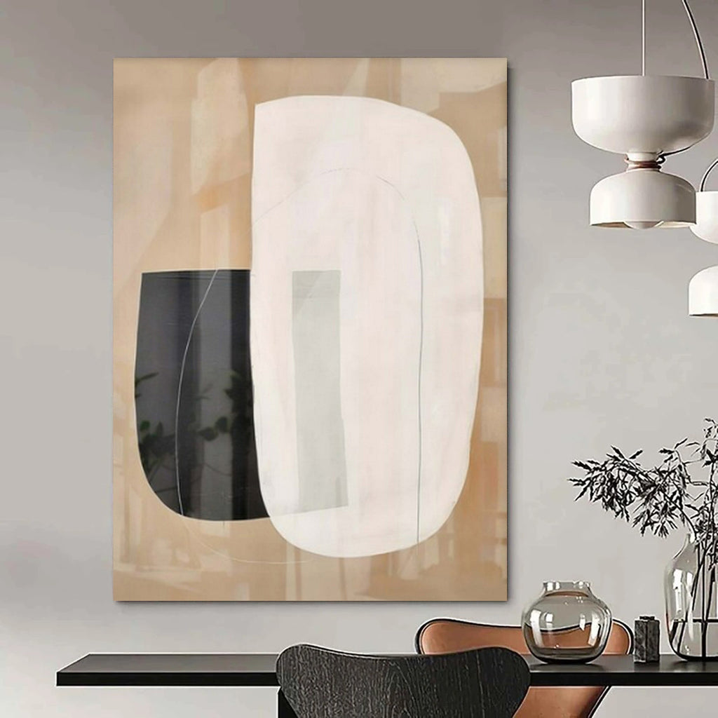 Beige, White, and Black Overlapping "Transparent Tranquility" Abstract Geometric Painting On Canvas PS1051