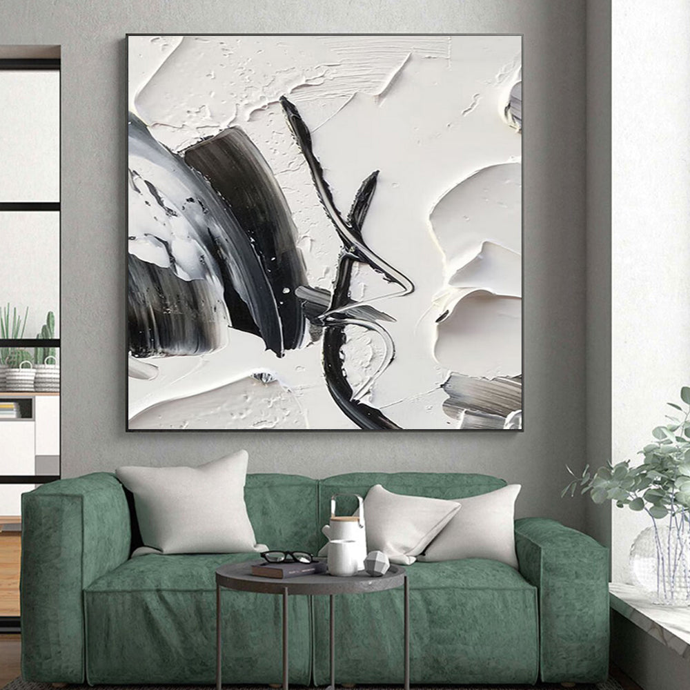 “Textured Black - White Abstraction” - Black, White Abstract Minimalist Painting On Canvas PS0702