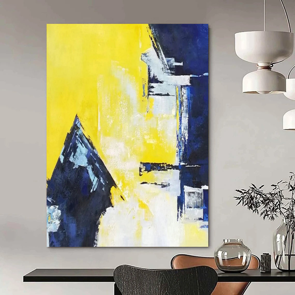 “Yellow - Blue Geometric” - Modernist Abstract Painting On Canvas PT2304