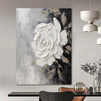 Gray, Black, Beige with Textured White Rose "Tactile Bloom" Abstract Painting On Canvas PS1466