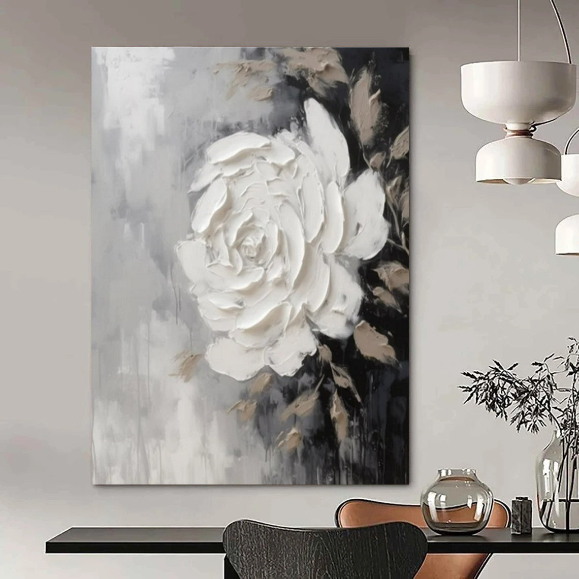 Gray, Black, Beige with Textured White Rose "Tactile Bloom" Abstract Painting On Canvas PS1466