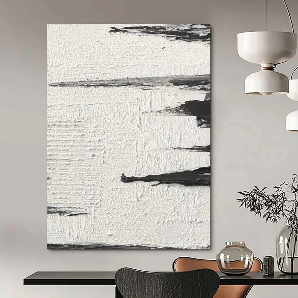 “Textured Black and White Abstract Horizons” - Layered Minimalist Painting On Canvas DS384