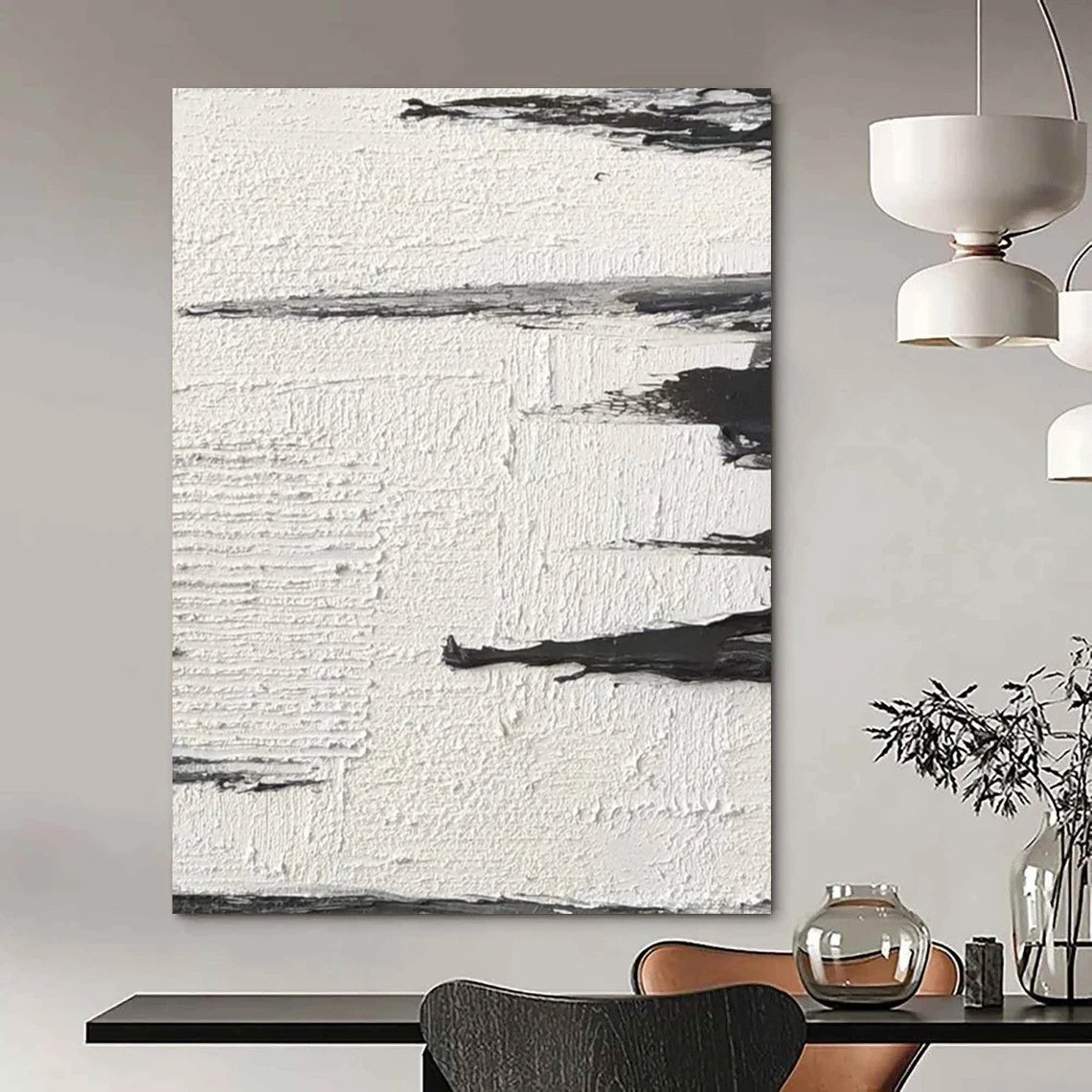 “Textured Black and White Abstract Horizons” - Layered Minimalist Painting On Canvas DS384