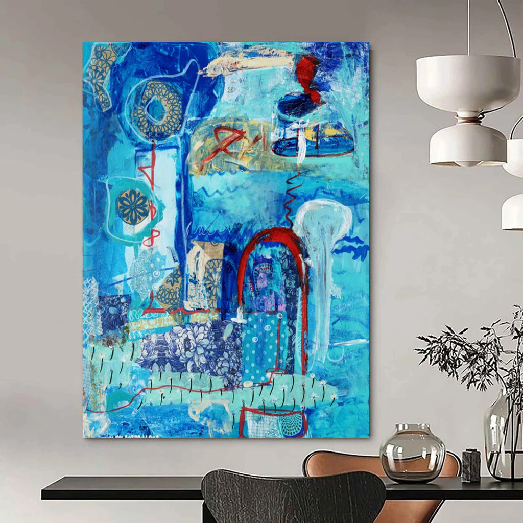 “Blue - Toned Abstract Collage” - Serene Mixed - Media Abstract Painting On Canvas DS296