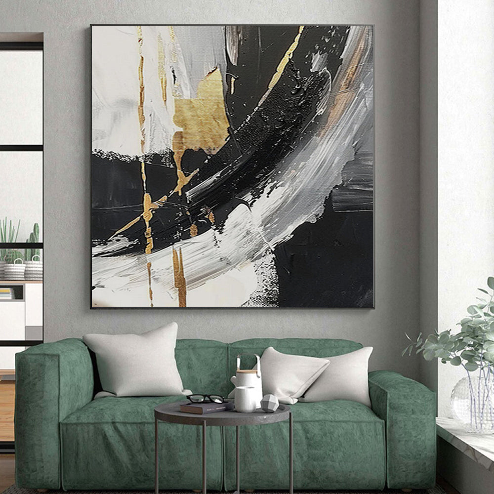 “Black - White - Gold Abstract” - Opulent Abstract Painting On Canvas PS0085