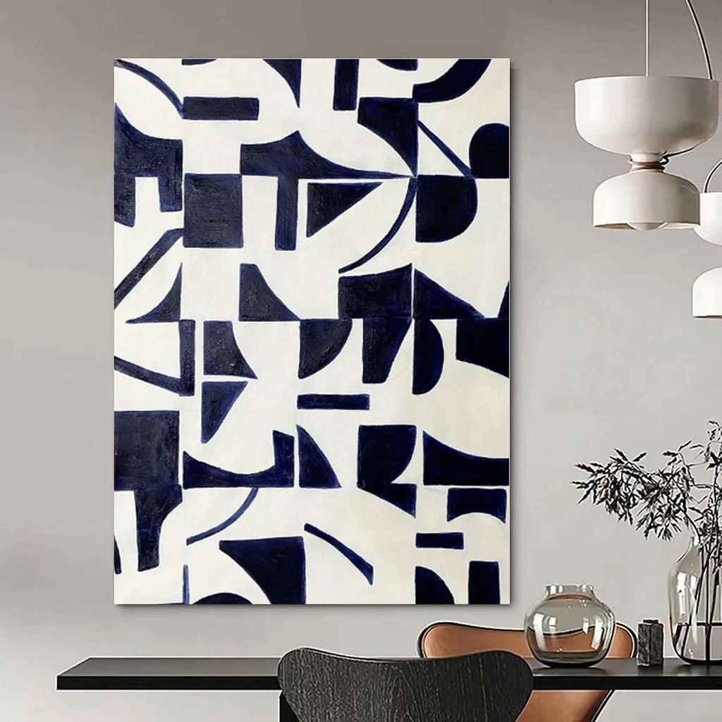 Navy, White with Geometric Shapes "Geometric Pulse" Abstract Painting On Canvas PS1327