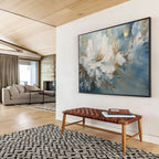 “White Flower with Blue - Gold Background” - Impasto Floral - Painting On Canvas PT1756