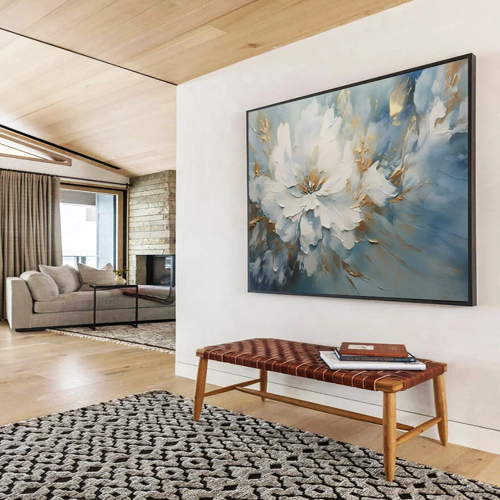 “White Flower with Blue - Gold Background” - Impasto Floral - Painting On Canvas PT1756