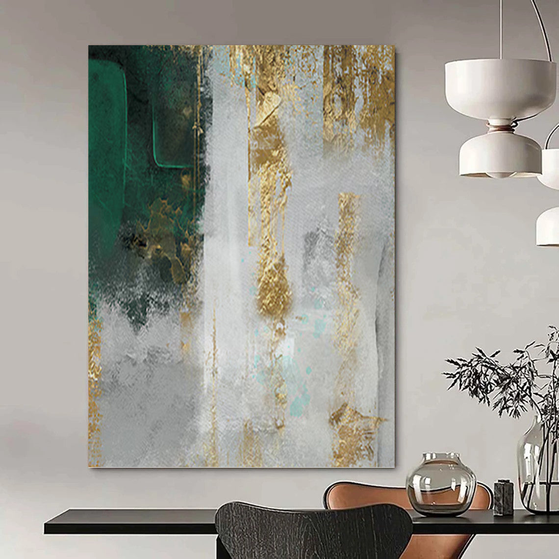 “Green and Gold Textured Abstract” - Abstract, Metallic - Accented Painting On Canvas PT1518