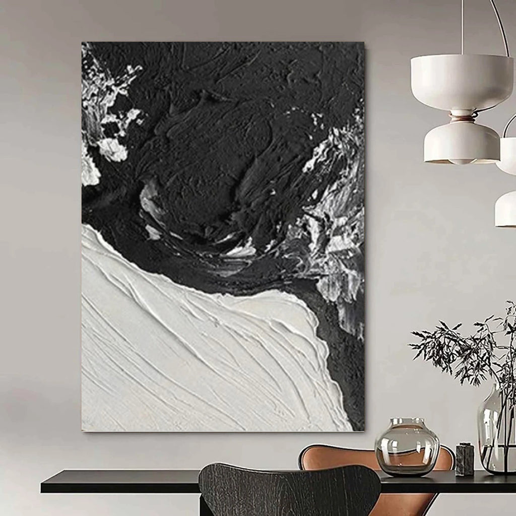 “Textured Black - White Contrast” - Impasto Abstract Painting On Canvas PT1048
