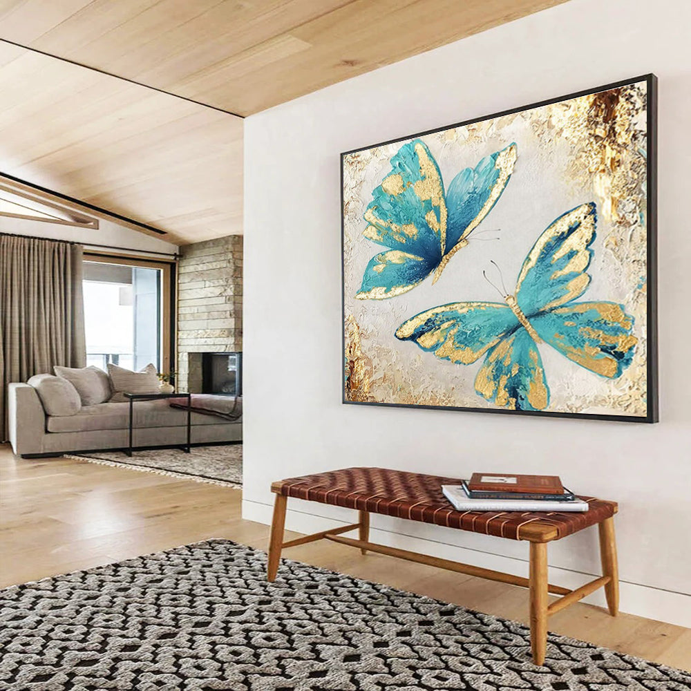 “Blue - Gold Butterfly Duet” - Blue, Gold & White Floral, Decorative Oil Painting On Canvas DKS734