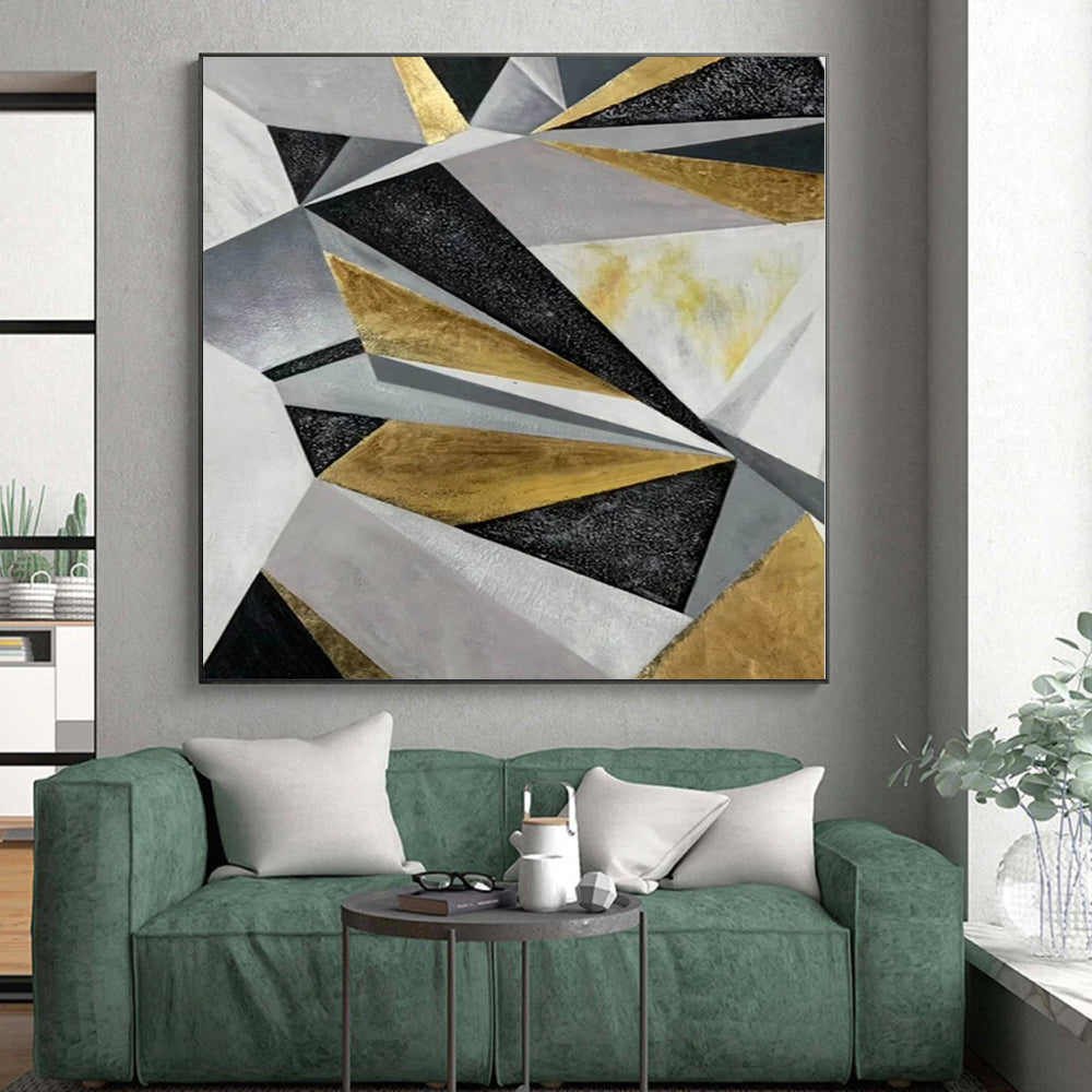 “Gold - Silver - Black Abstract Geometric Patterns” - Luxe Abstract Painting On Canvas PS0329