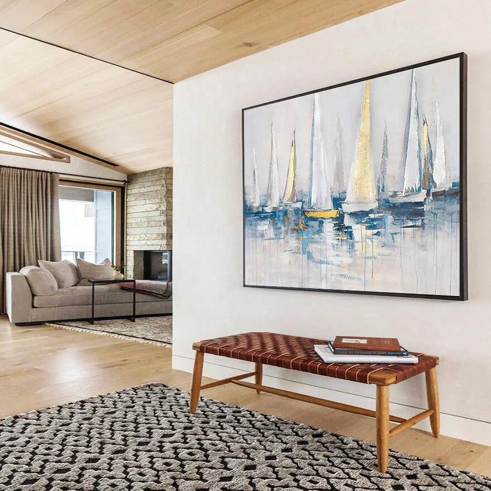 “White - Gold Sailboats” - Impressionistic Nautical Painting On Canvas PT257