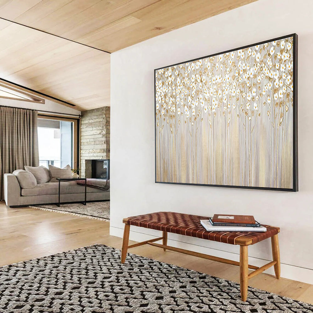 “Golden Floral Forest” - Gray, Gold & White Floral, Impressionistic Oil Painting On Canvas DKS787