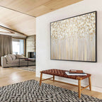 “Golden Floral Forest” - Gray, Gold & White Floral, Impressionistic Oil Painting On Canvas DKS787