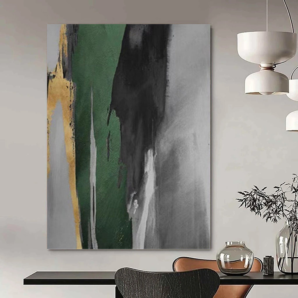 “Green, Black, Gold, and Grey: Abstract Vertical Forms” - Minimalist Abstract Painting On Canvas PT0932
