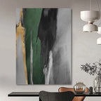 “Green, Black, Gold, and Grey: Abstract Vertical Forms” - Minimalist Abstract Painting On Canvas PT0932