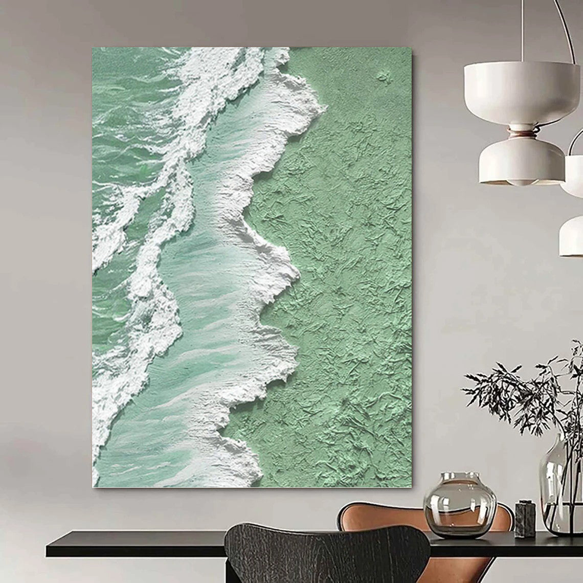 “Pastel Green and White Coastal Textures” - Seascape, Pastel - Toned Painting On Canvas PT1505