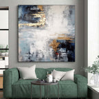 “Blue - Gray & Gold Fusion” - Blue, Gray, Gold Abstract Minimalist Painting On Canvas PS0696