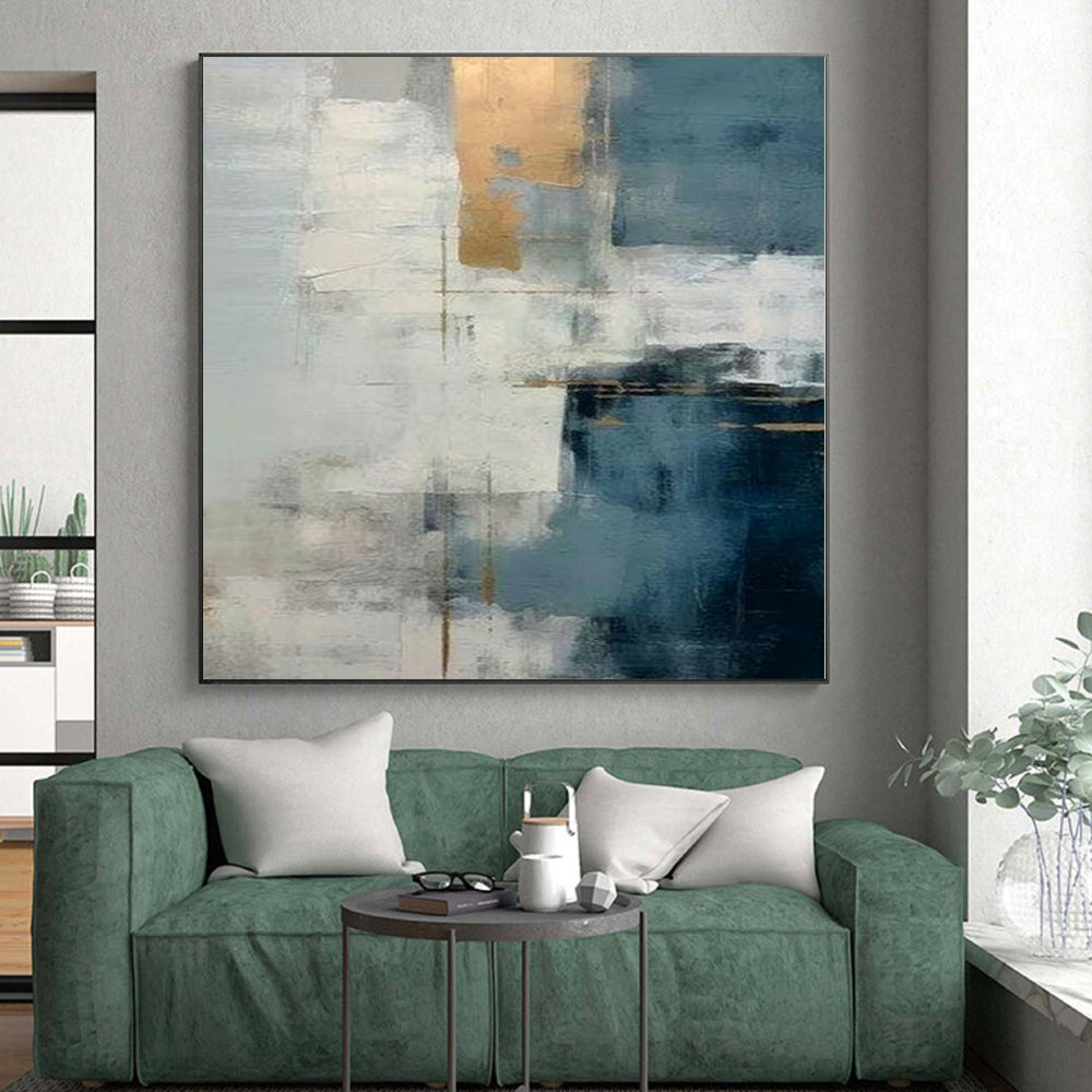 “Elegant Gold - Accented Blue - Grey Abstract” - Modern Abstract Painting On Canvas PS0245