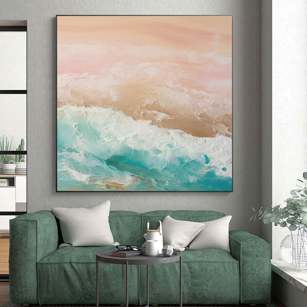“Pastel Sea Waves” - Pink, Peach, Turquoise, White Abstract Seascape Painting On Canvas PS0751