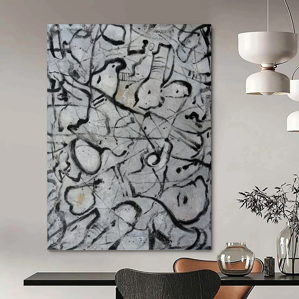 “Black and White Abstract Doodles” - Abstract, Expressive - Styled Painting On Canvas PT1591