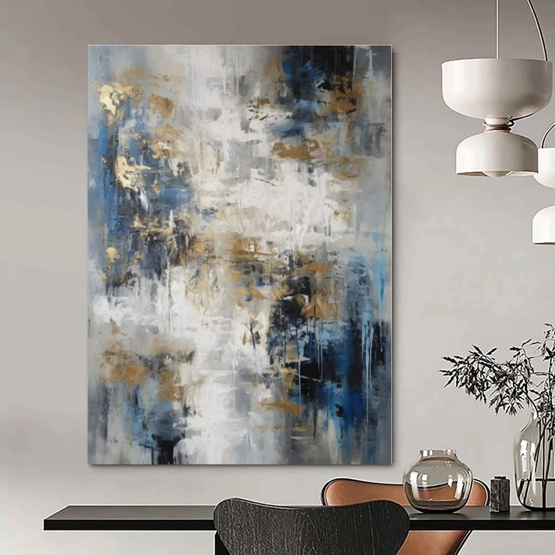 Gray, Blue, Gold with Abstract Drips and Splashes "Gilded Drizzle" Abstract Painting On Canvas PS1303