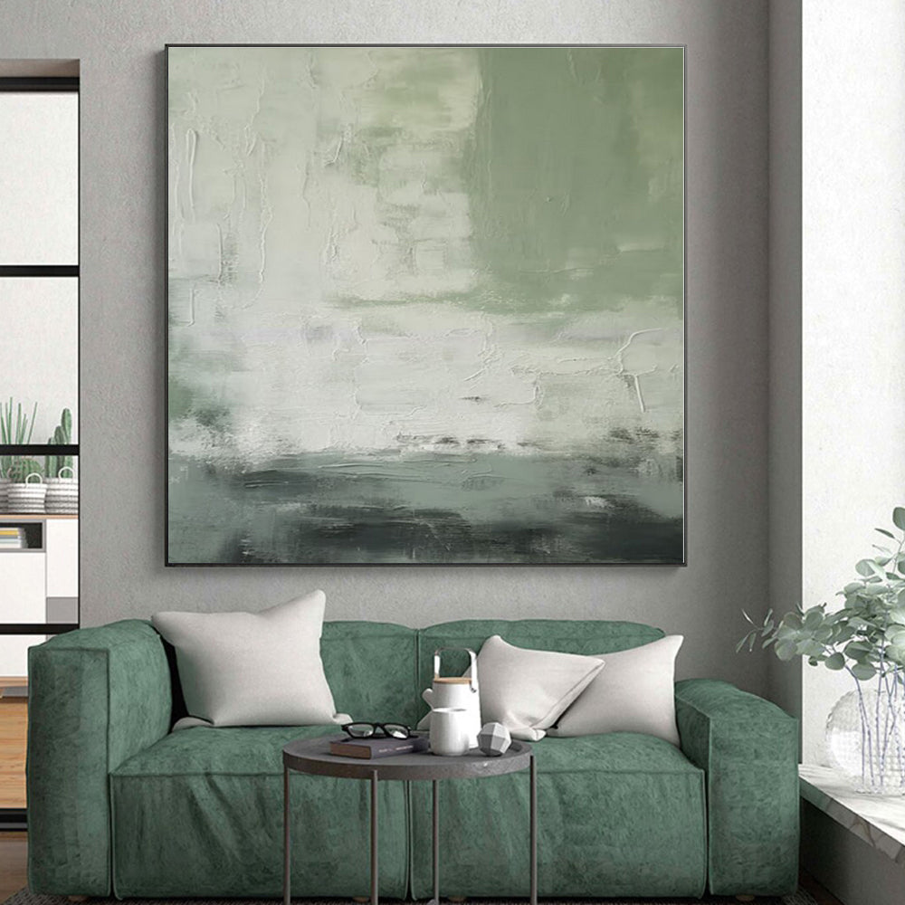 “Green - Gray - White Textured Abstraction” - Green, Gray, White Abstract Painting On Canvas PS0523