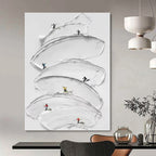 White with Mini Skiers "Snowy Slopes" Abstract Painting On Canvas PS1360