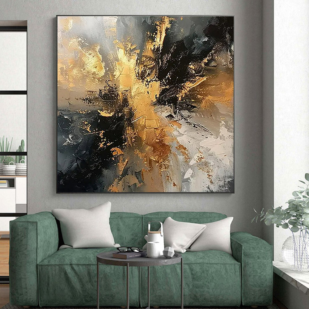 Black, Gray & Gold Dynamic Abstract "Ember Glow" Painting On Canvas PS0861